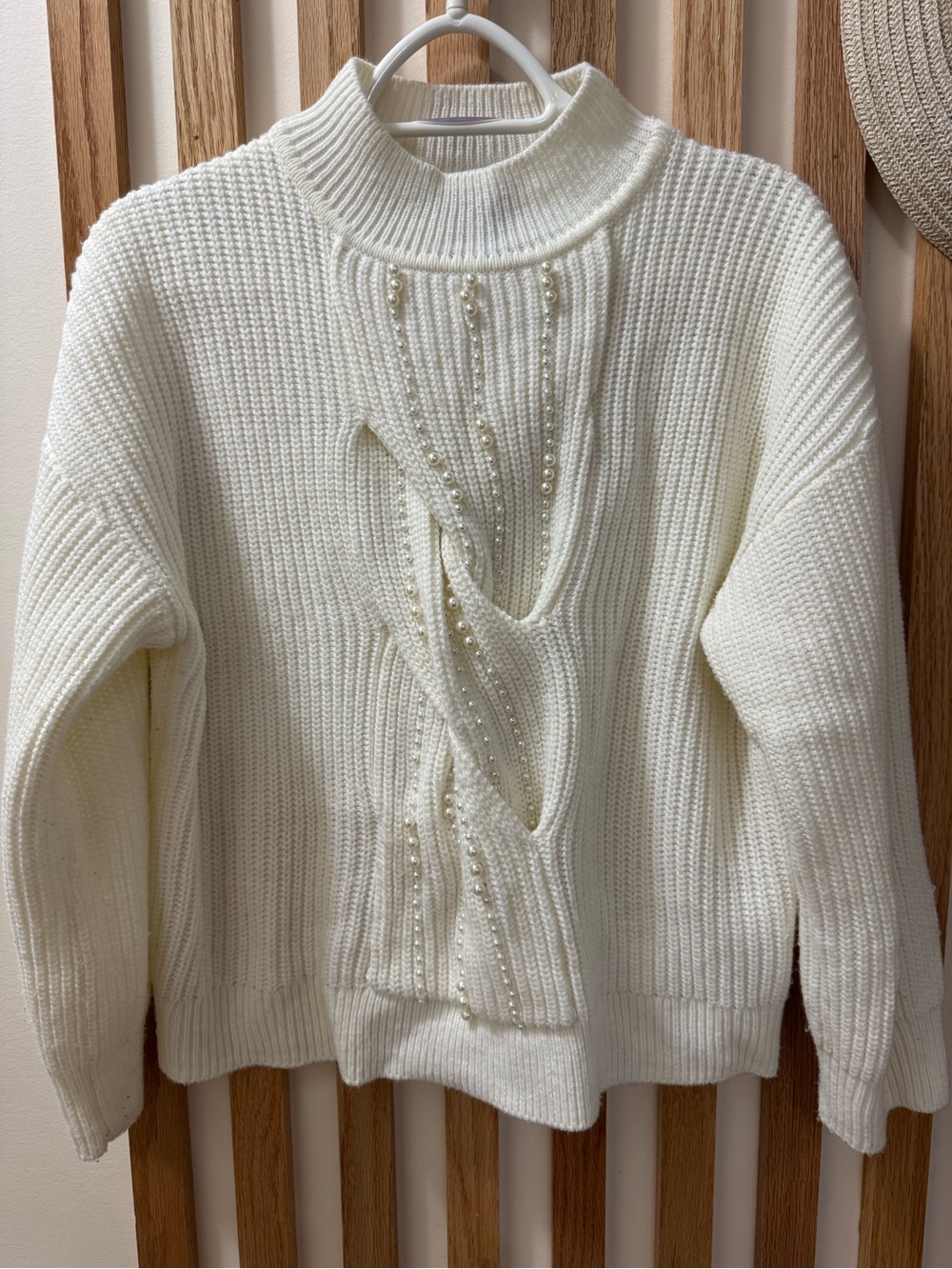 FDJ French Dressing Jeans Pearl Embellished Cable Mock Neck Sweater winter white